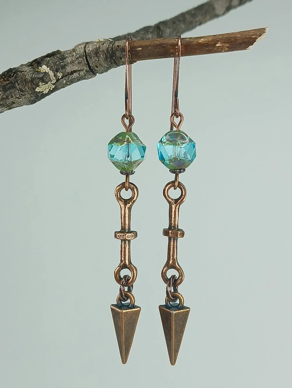 Aqua Czech Glass Spike Earrings Antiqued Copper Hand Crafted